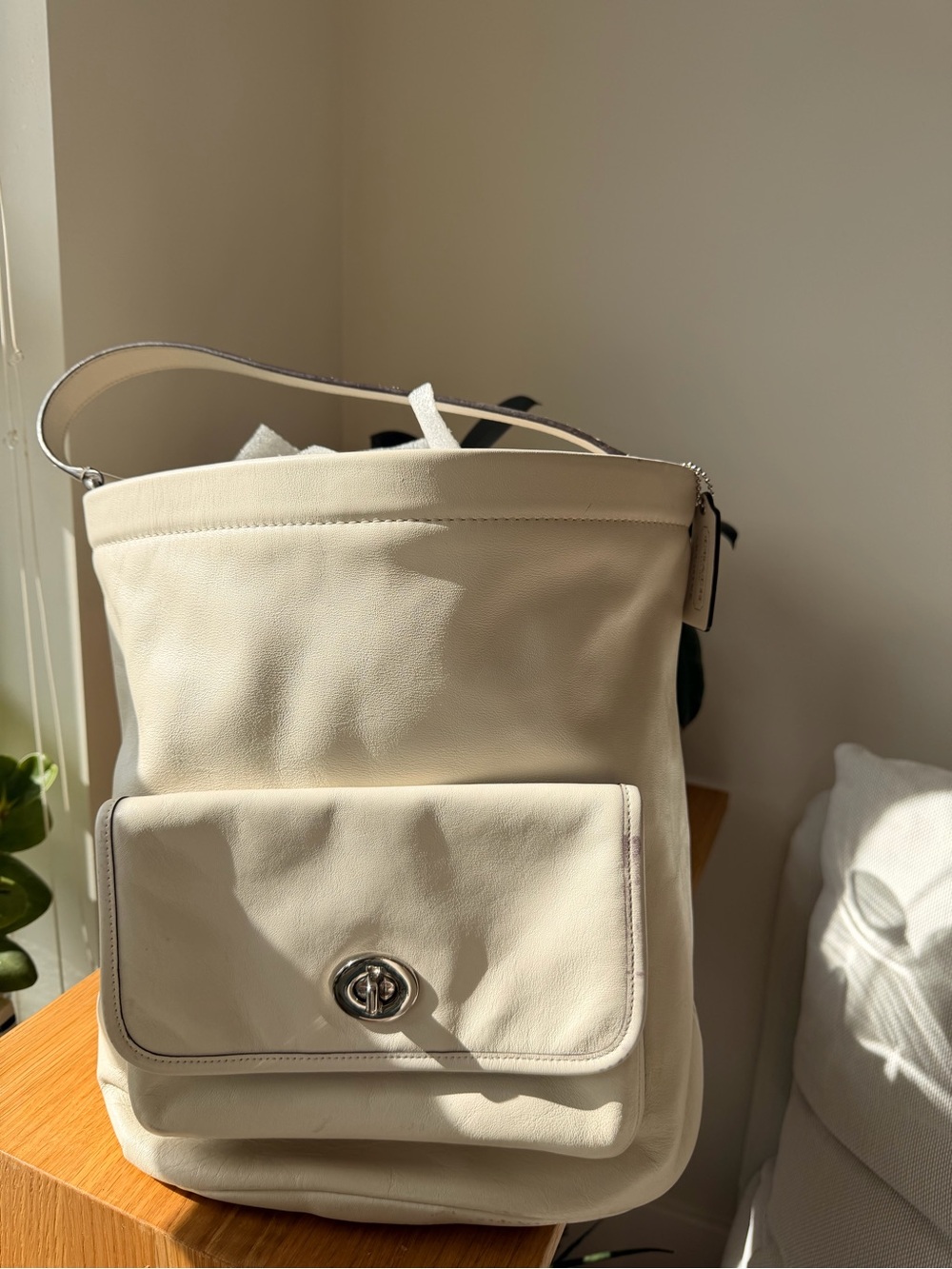 Coach Cream Leather Shoulder Bag with Front Flap Pocket